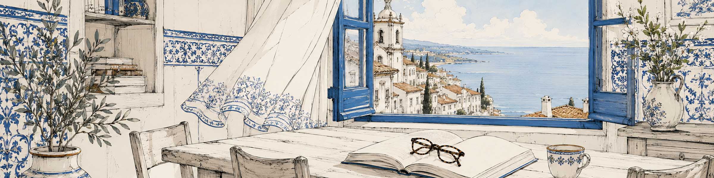 Interior portugués revestido de azulejos, con un libro abierto junto a una ventana