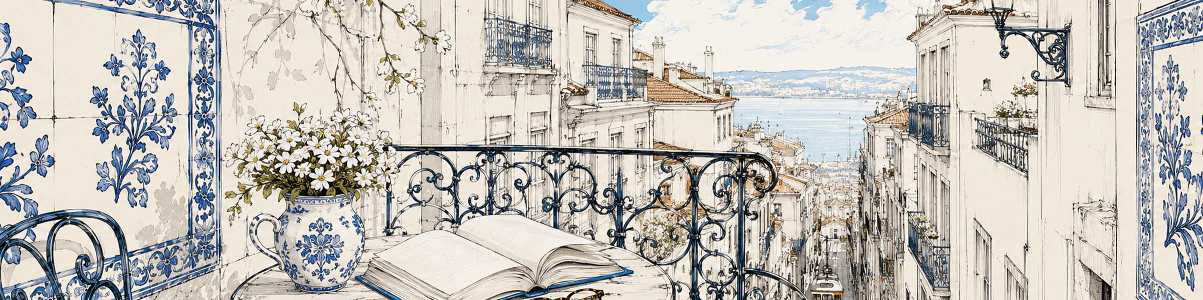 Balcón de Lisboa con azulejos, flores, un libro y vistas a la ciudad