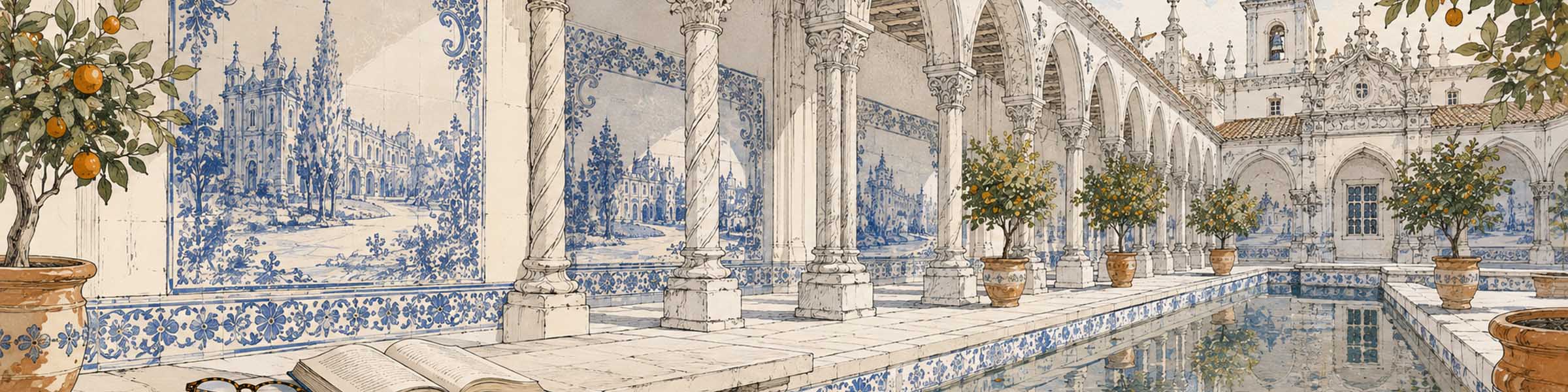 Claustro manuelino decorado con azulejos y motivos editoriales