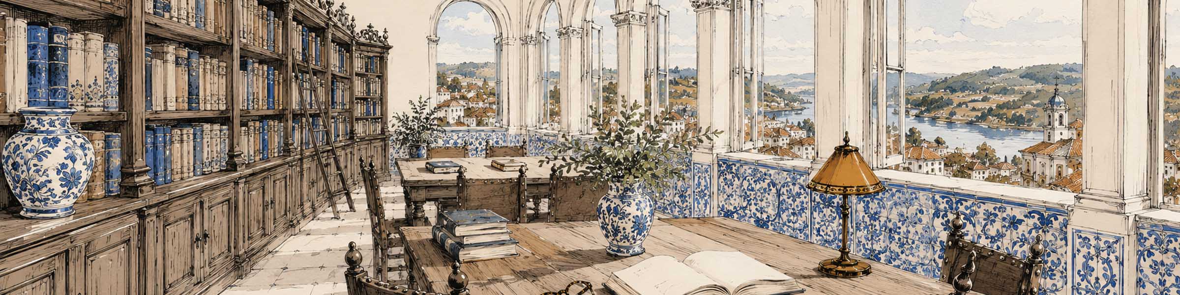 Biblioteca de Coimbra con libros, azulejos y vistas de la ciudad