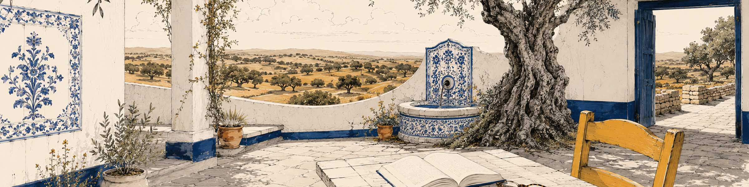 Patio alentejano con azulejos, flores y un libro