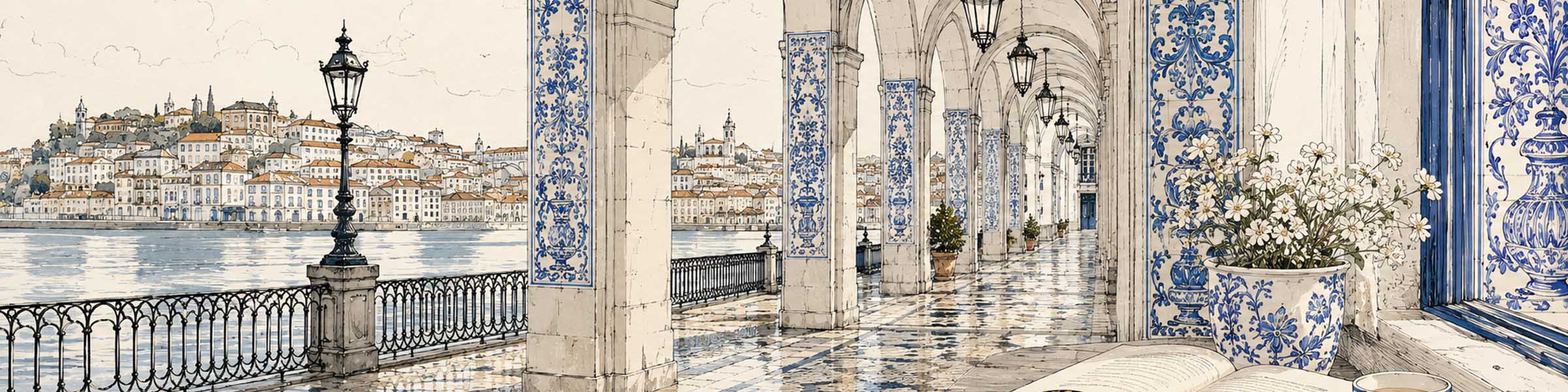Soportales portugueses nocturnos bajo la lluvia con un libro