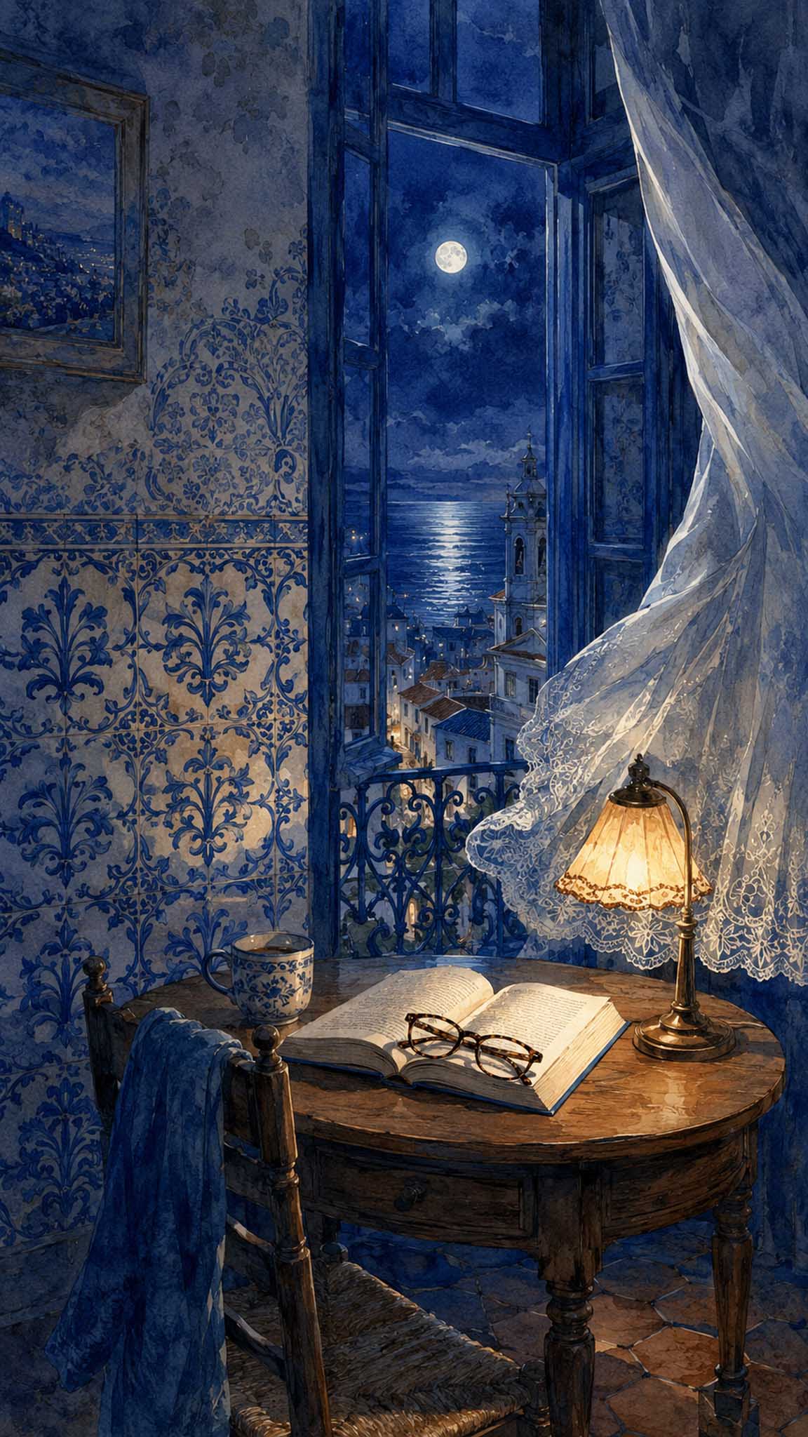 Interior portugués revestido de azulejos, con un libro abierto junto a una ventana, en una interpretación nocturna
