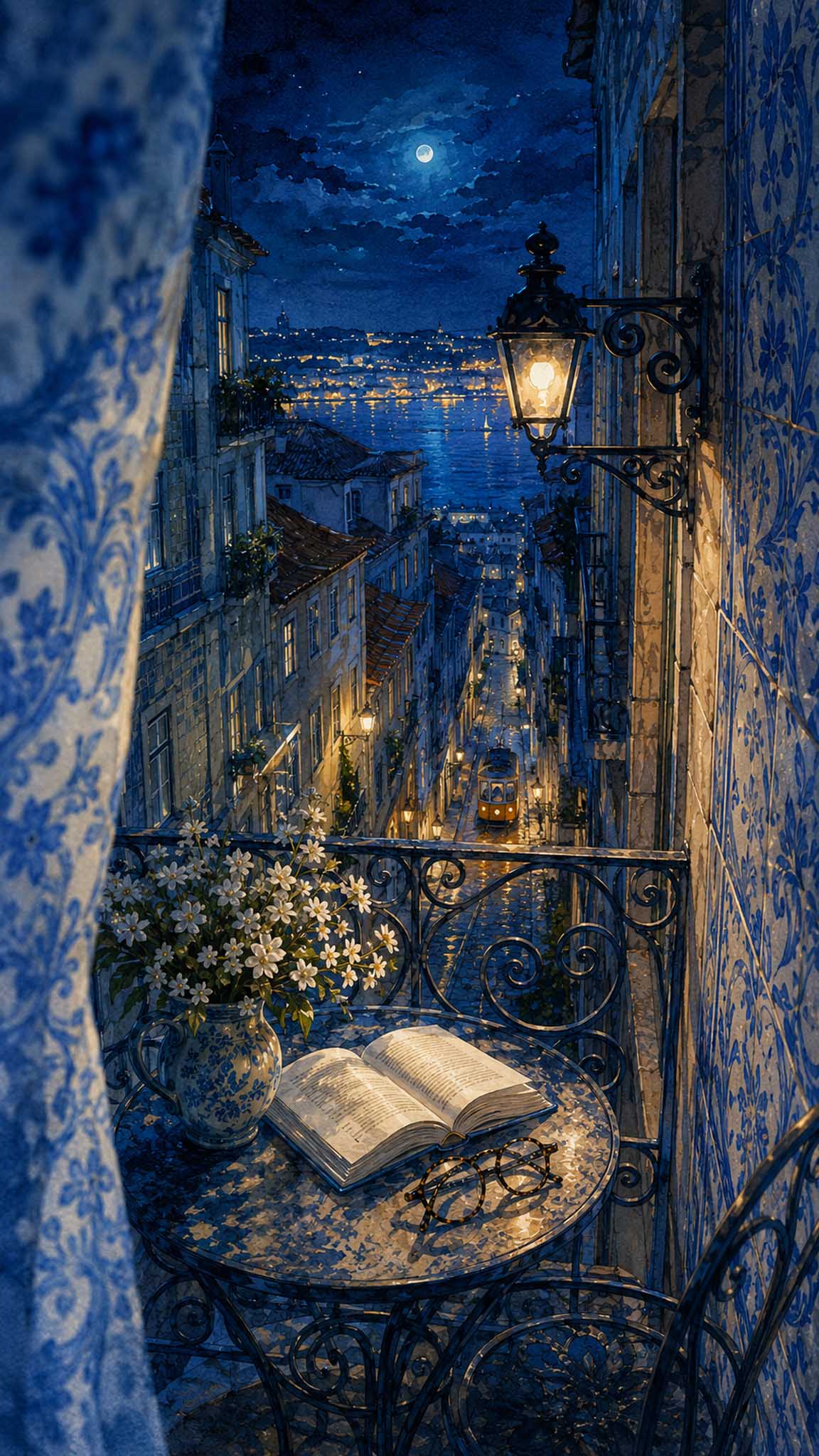 Balcón de Lisboa con azulejos, flores, un libro y vistas a la ciudad, en una interpretación nocturna