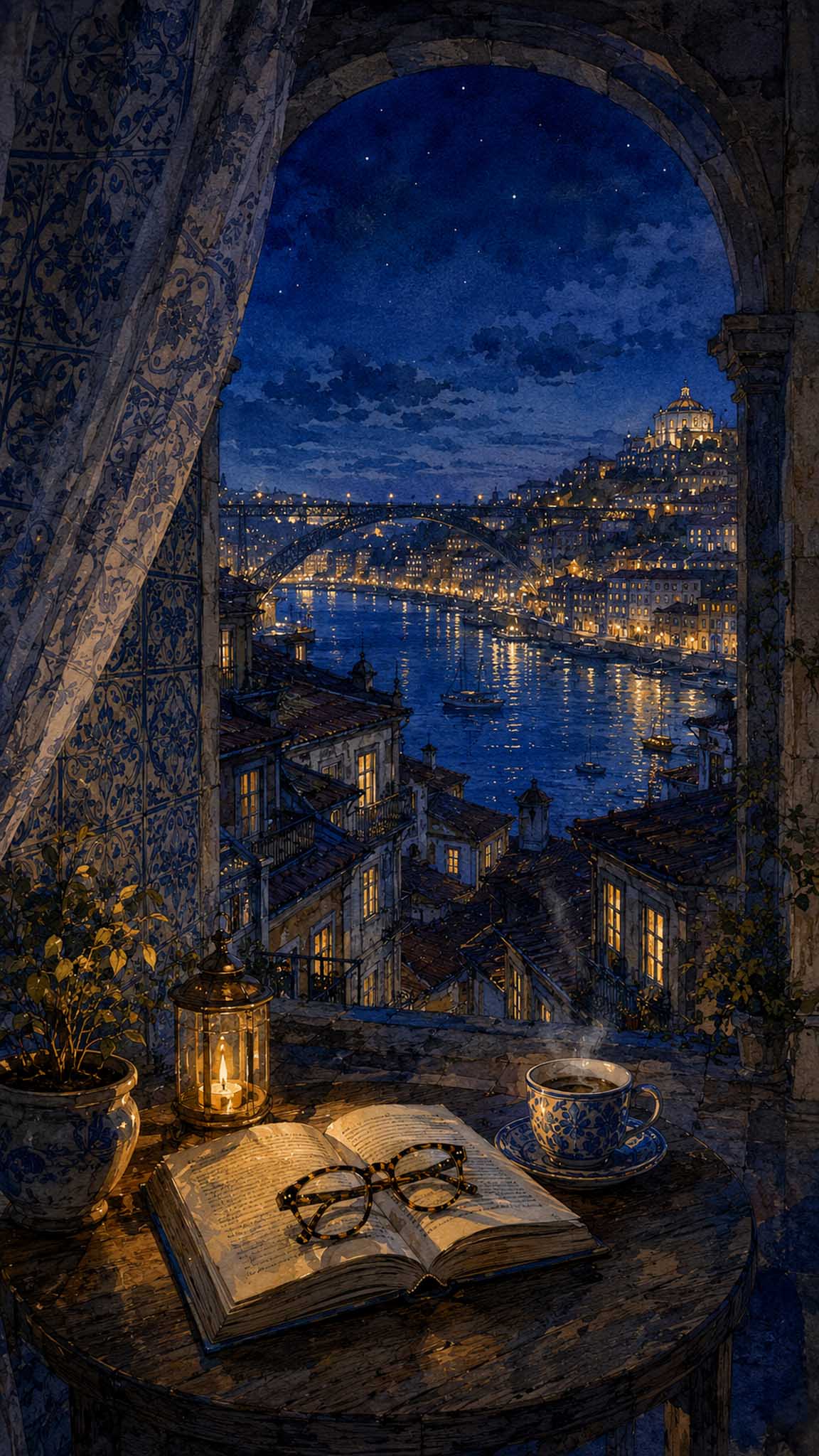Vista de Oporto y el río Duero entre arquitectura portuguesa, en una interpretación nocturna