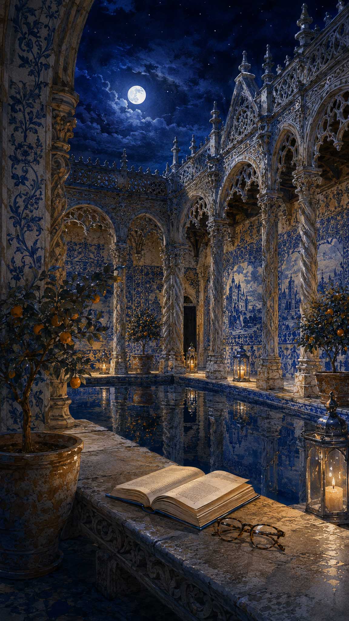 Claustro manuelino decorado con azulejos y motivos editoriales, en una interpretación nocturna