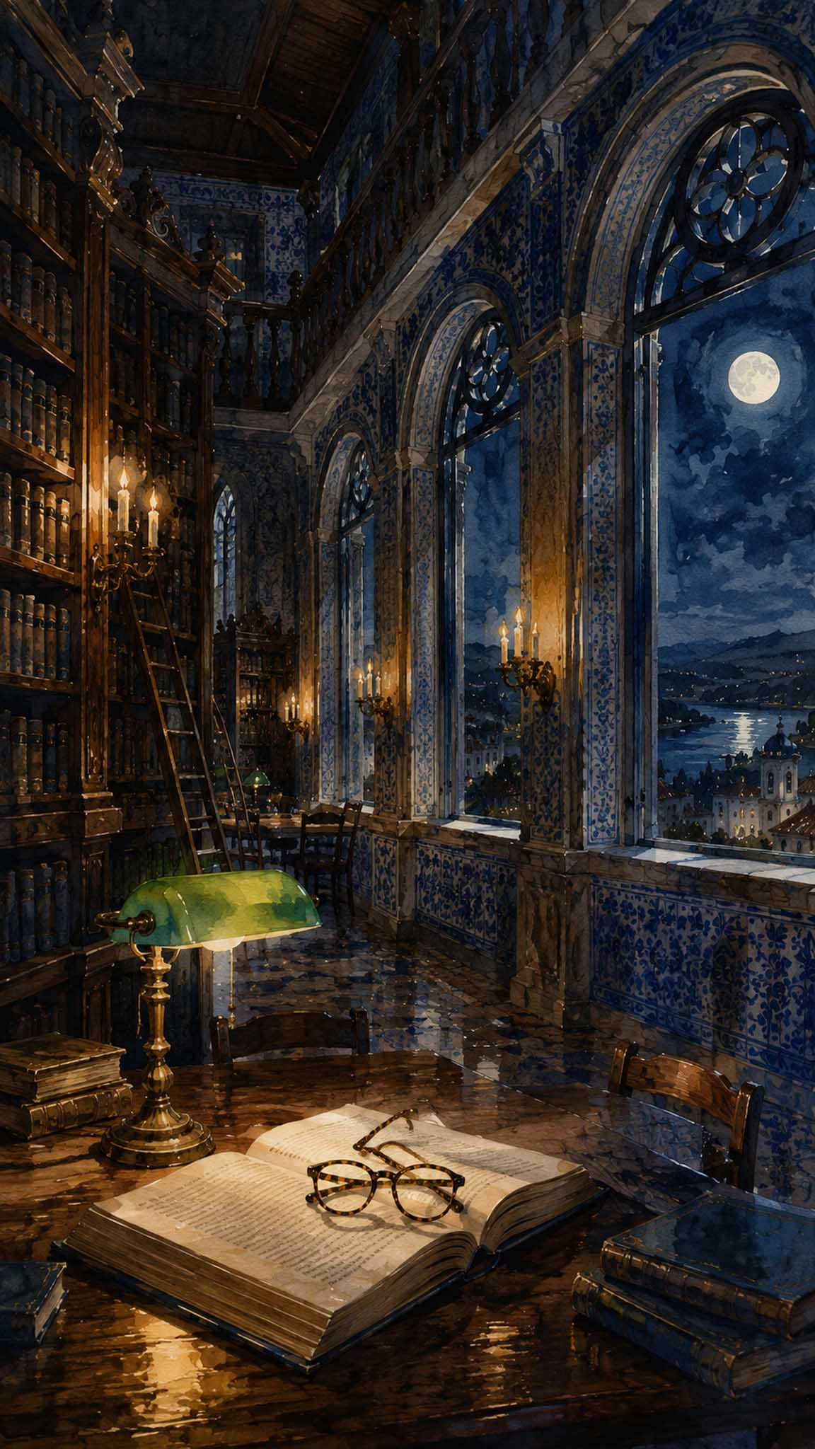 Biblioteca de Coimbra con libros, azulejos y vistas de la ciudad, en una interpretación nocturna
