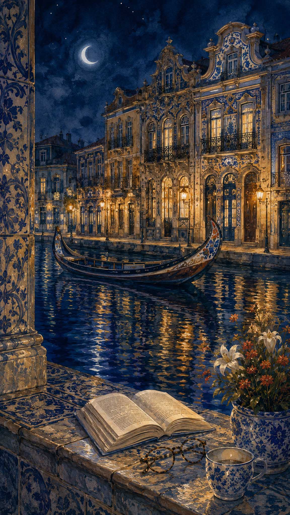 Canal de Aveiro rodeado de arquitectura portuguesa, en una interpretación nocturna