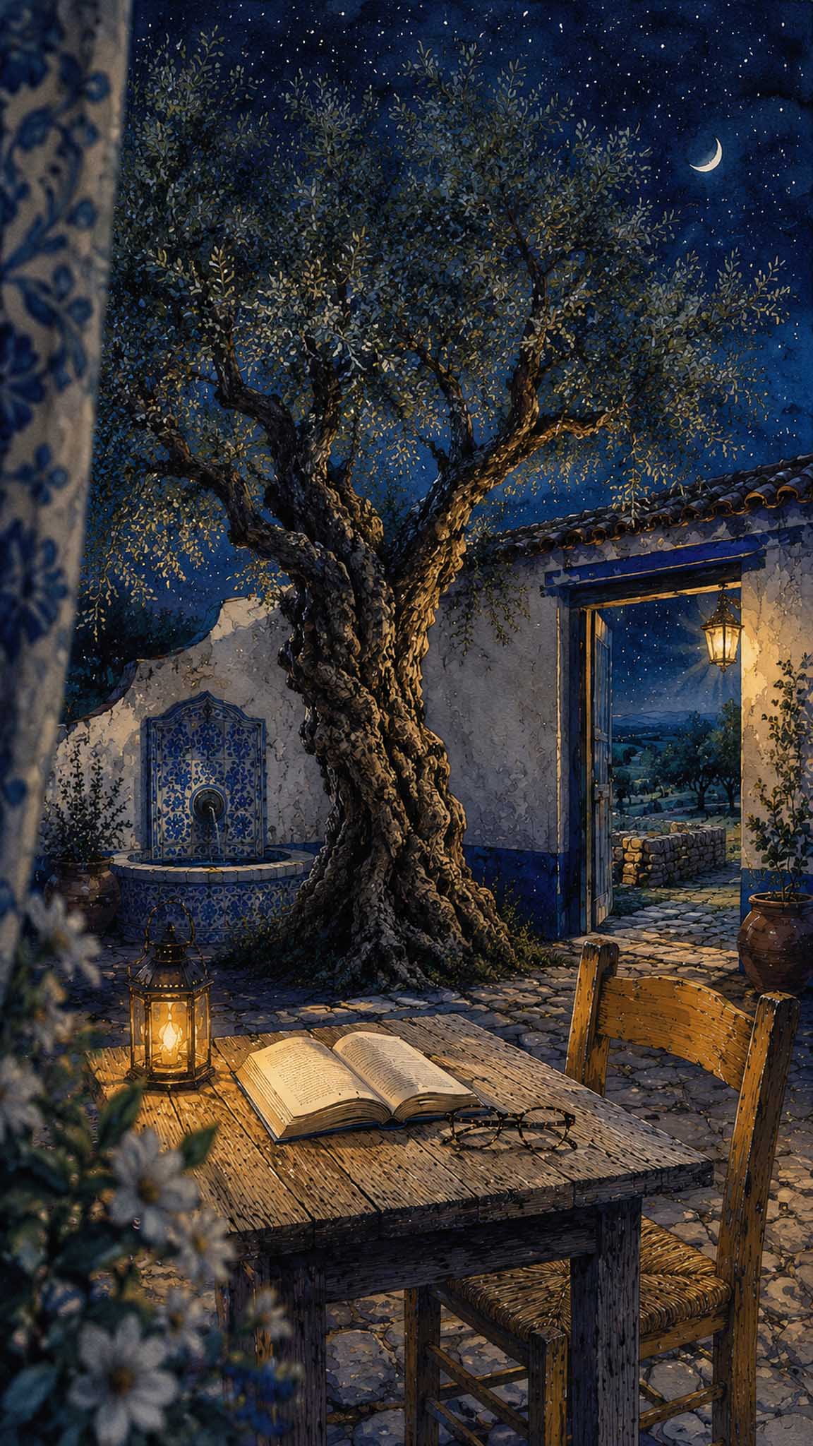 Patio alentejano con azulejos, flores y un libro, en una interpretación nocturna
