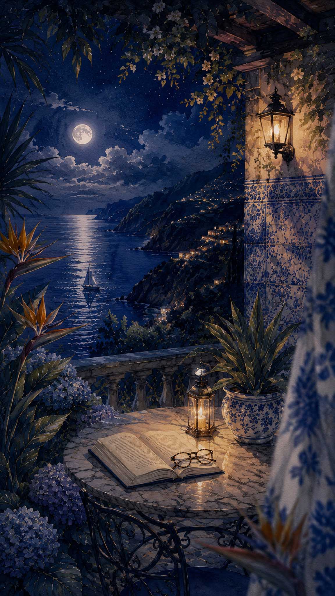 Terraza de Madeira con paisaje atlántico, en una interpretación nocturna