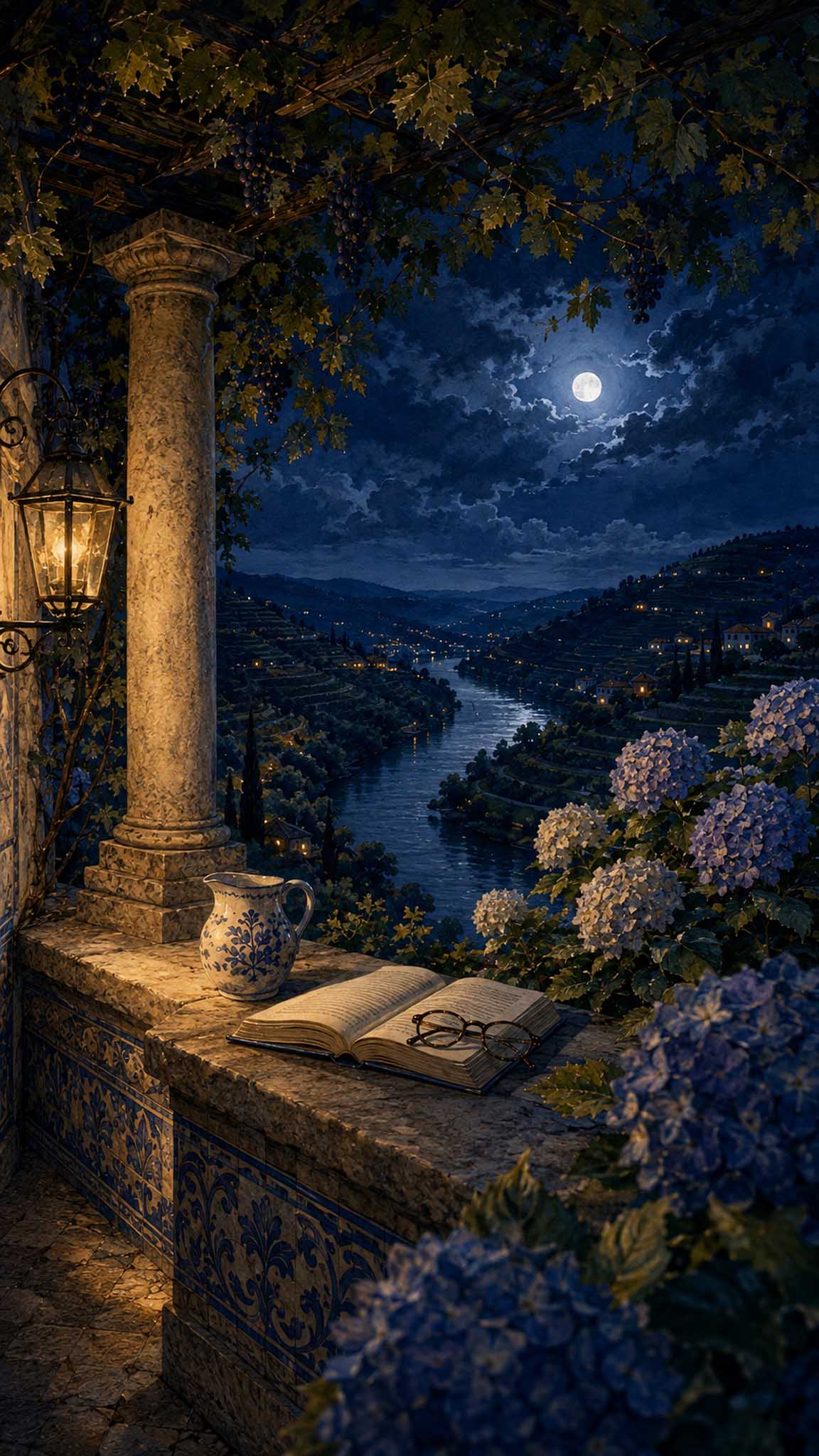 Viñedos del Miño entre arquitectura y paisaje portugués, en una interpretación nocturna