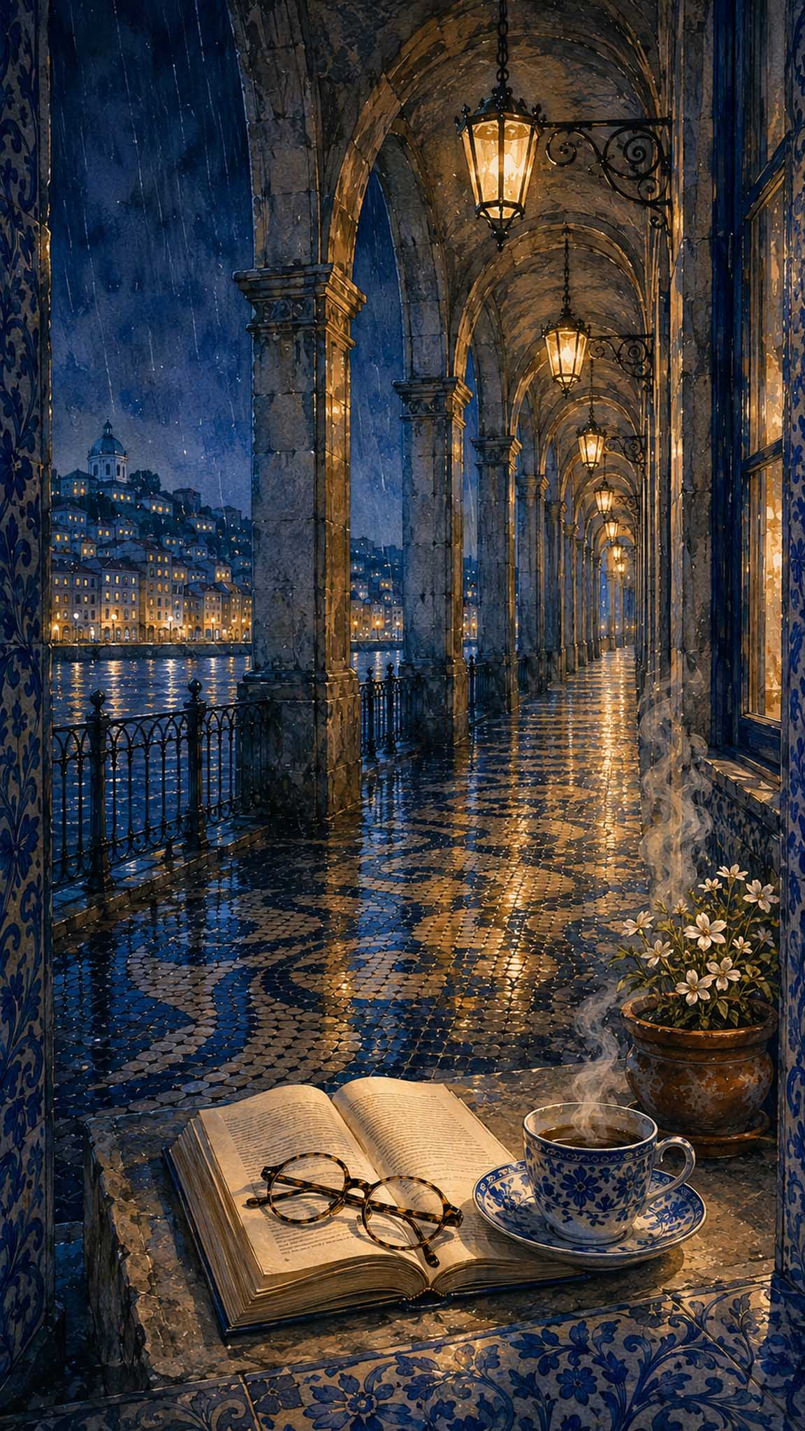 Soportales portugueses nocturnos bajo la lluvia con un libro, en una interpretación nocturna