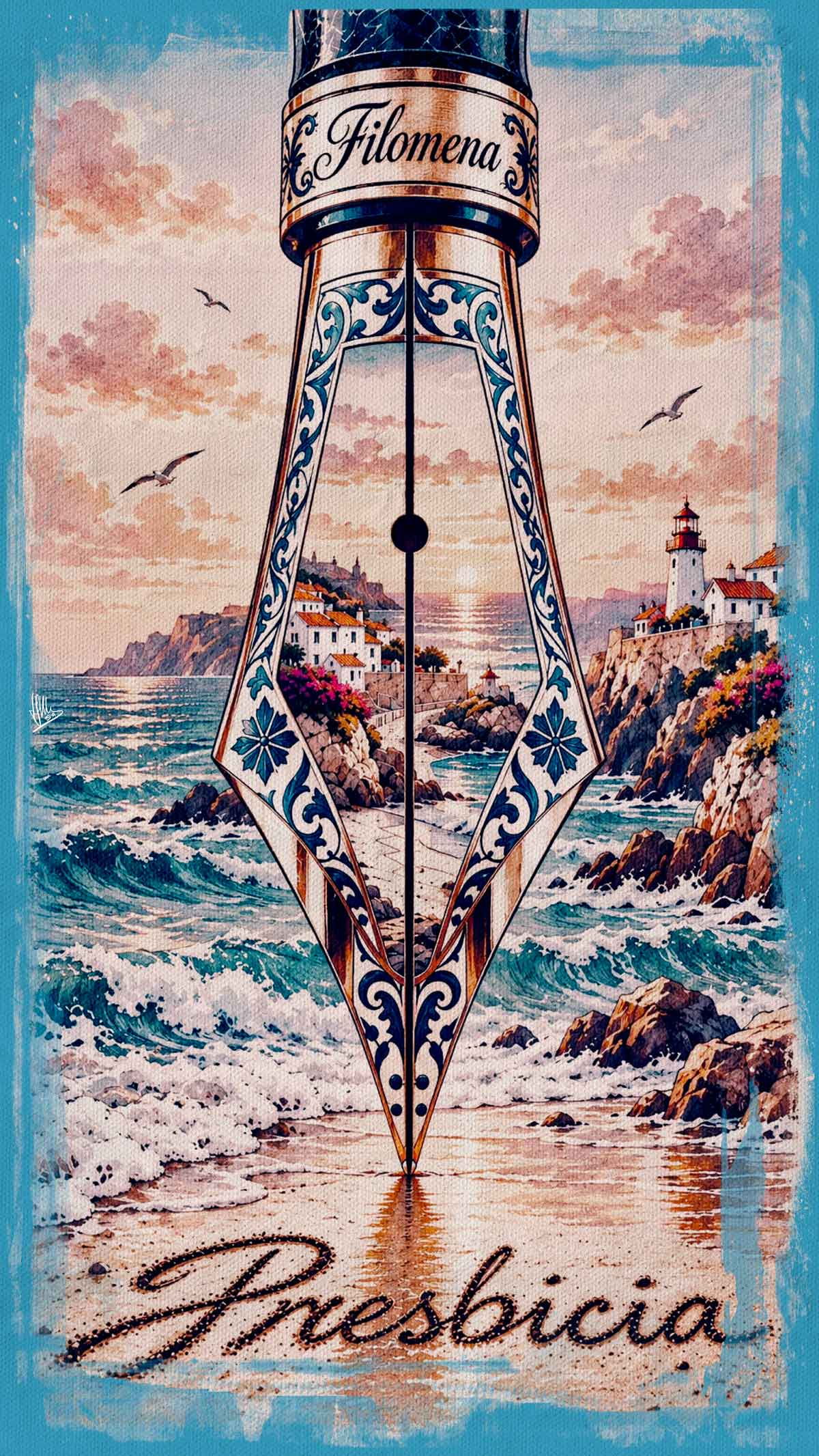 Plumín decorado con azulejos portugueses ante una costa atlántica