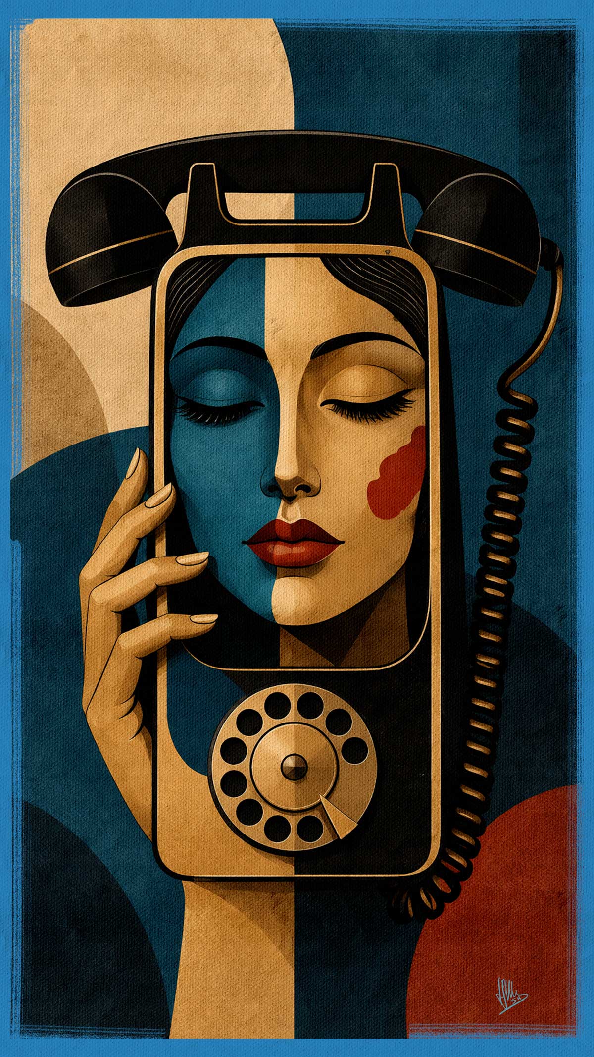 Composición editorial de una mujer con un teléfono clásico y un móvil