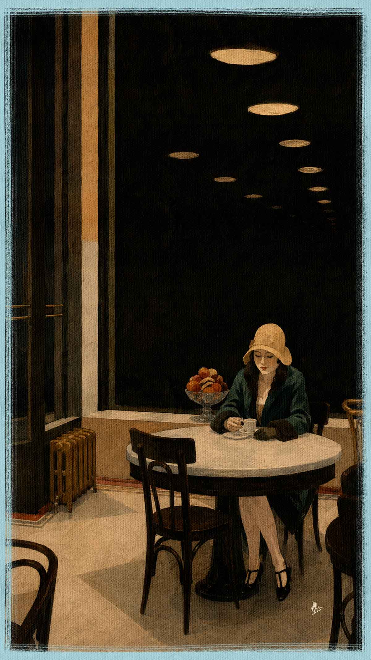 Mujer tomando café en una sala de lectura nocturna