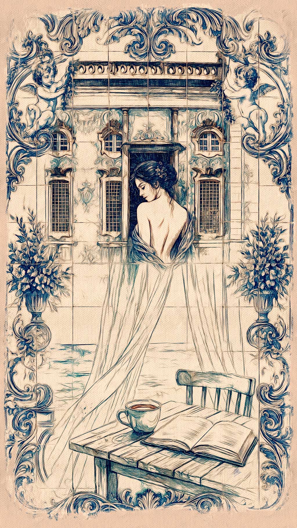 Escena de lectura junto al mar inspirada en los azulejos portugueses